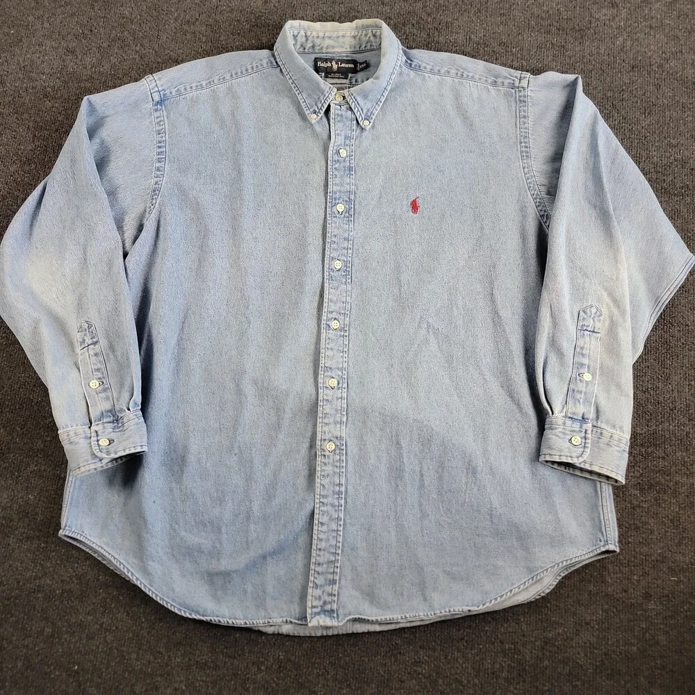 Vintage XXL Polo Ralph Lauren Blake Denim Light Wash Pocket Button Down Shirt